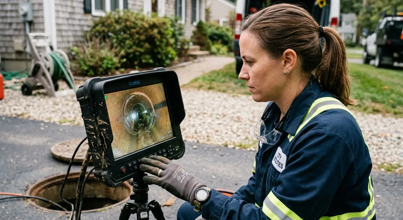 Technician reviewing sewer camera inspection footage in Mechanicsburg