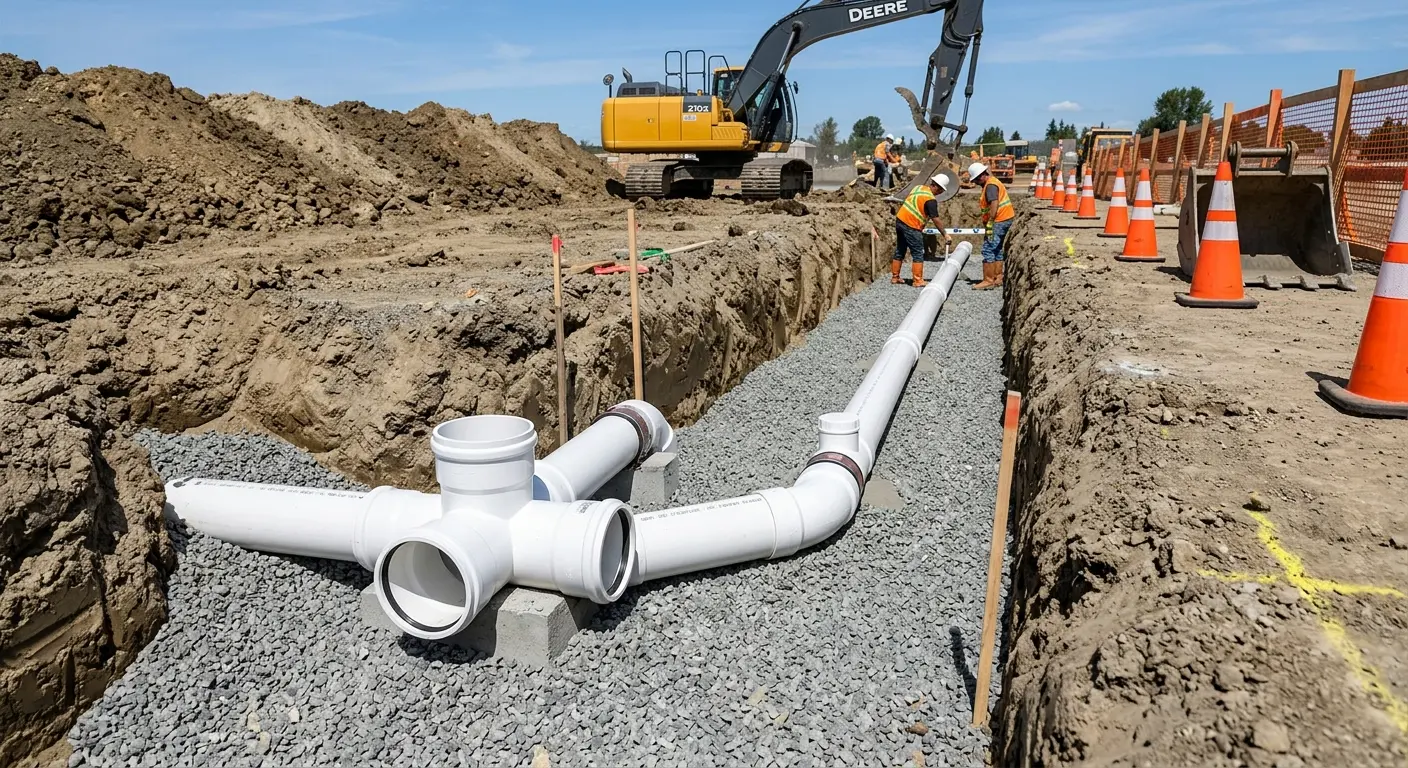 New PVC sewer pipe installation in open trench for Commercial Drain Cleaning in Mechanicsburg